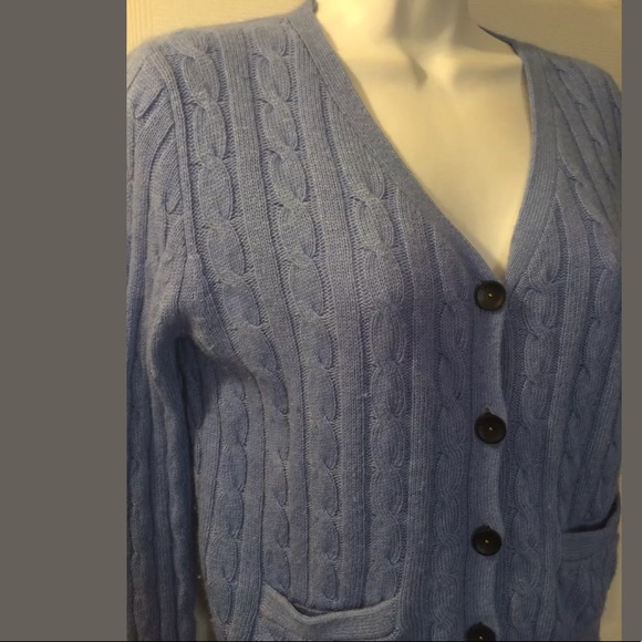 J.CREW Cambridge Cable Knit Sweater Blue cardigan Soft Knit Wool Angora VNeck - Picture 4 of 8